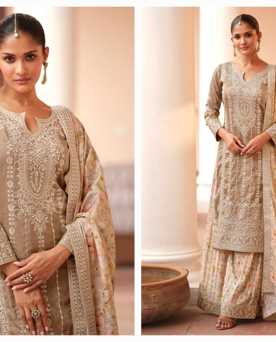 GOLDEN - Festive Shimmer Silk Grey Embroidered Palazzo Suit