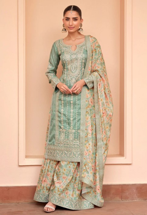Festive Shimmer Silk Green Embroidered Palazzo Suit