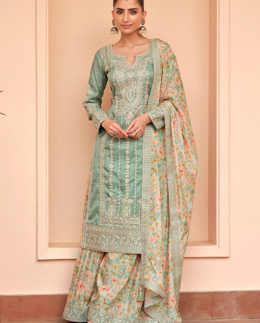 GREEN - Festive Shimmer Silk Green Embroidered Palazzo Suit