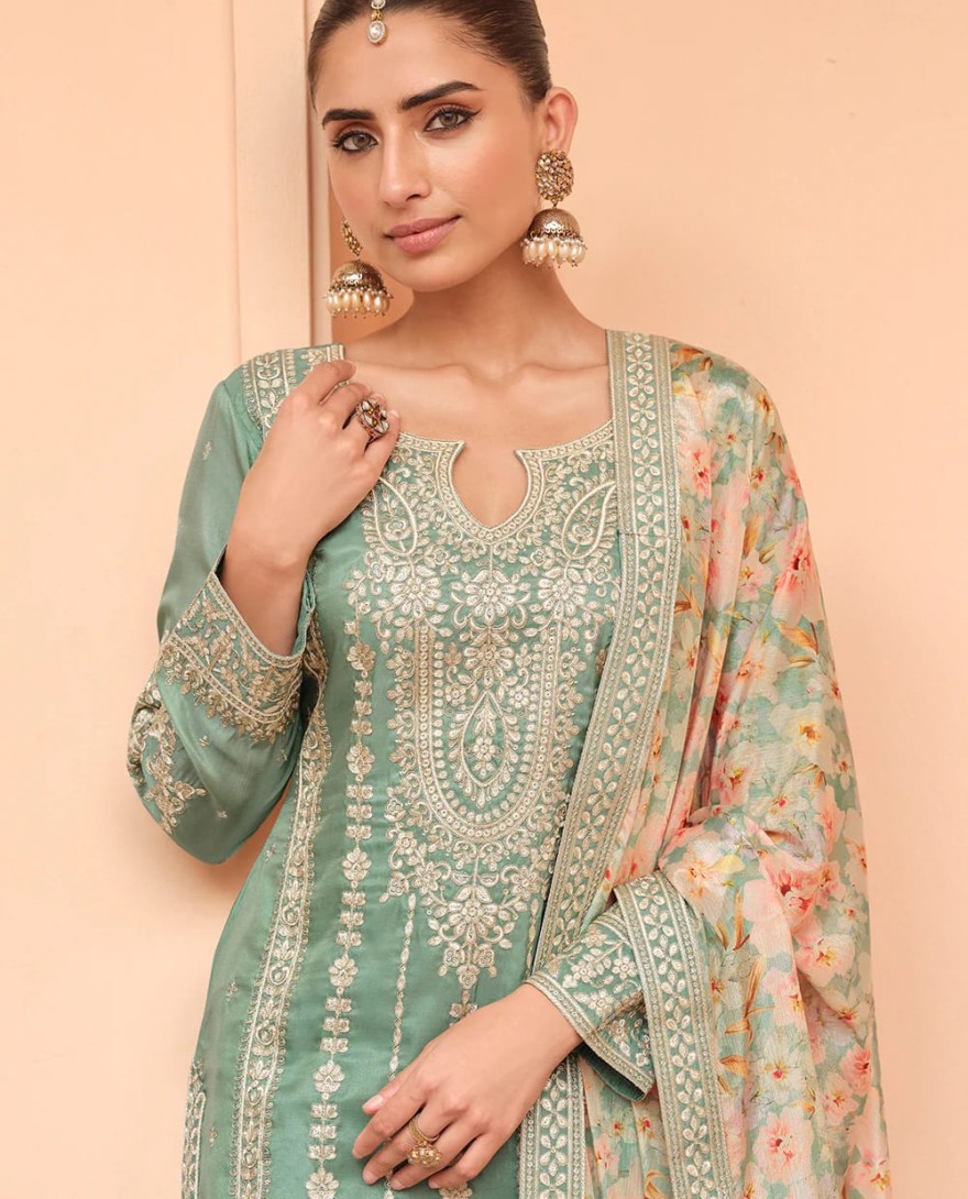 GREEN - Festive Shimmer Silk Green Embroidered Palazzo Suit