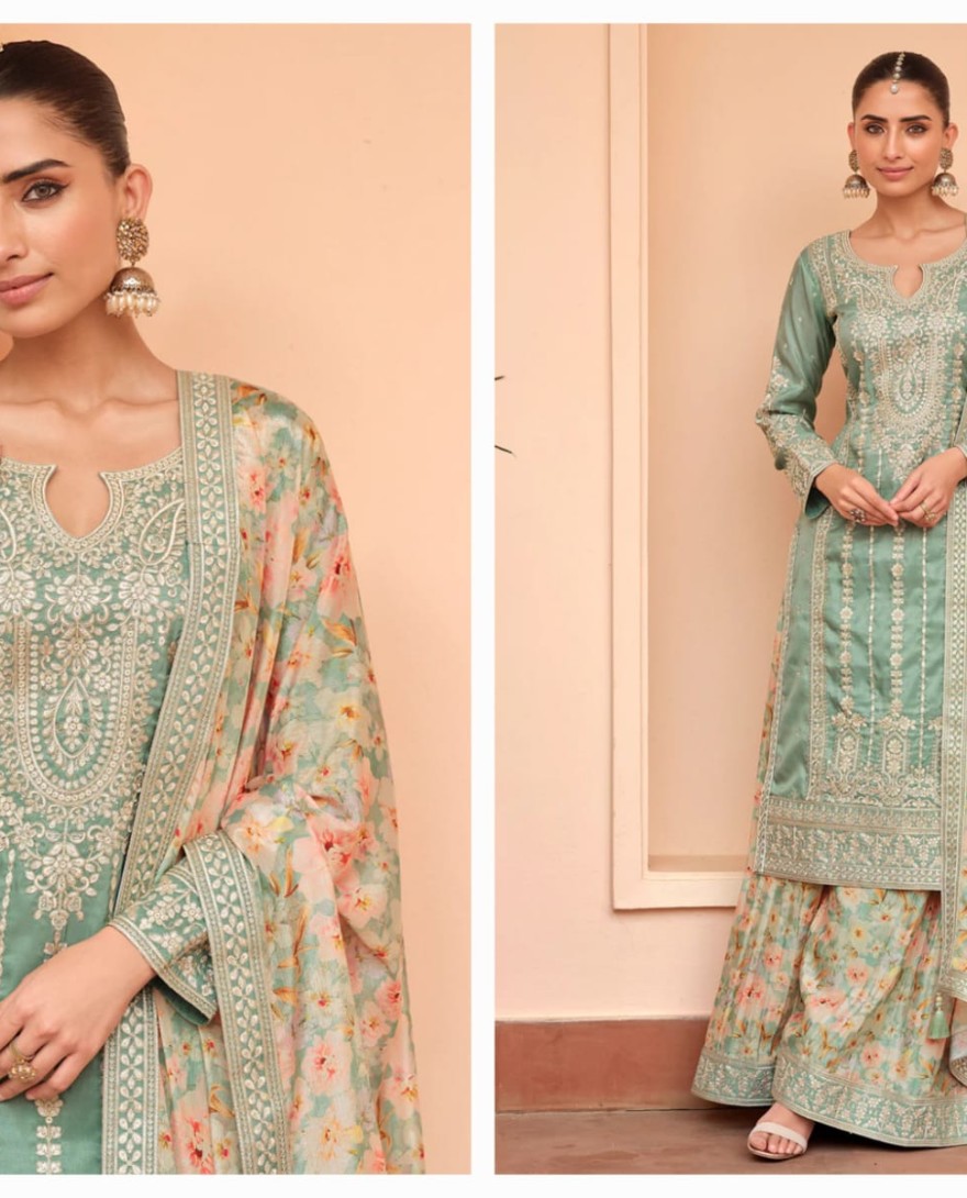 GREEN - Festive Shimmer Silk Green Embroidered Palazzo Suit