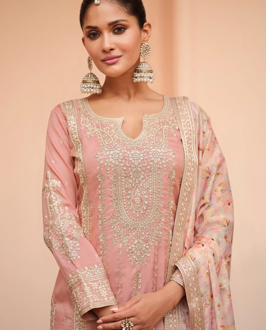 PINK - Festive Shimmer Silk Pink Embroidered Palazzo Suit