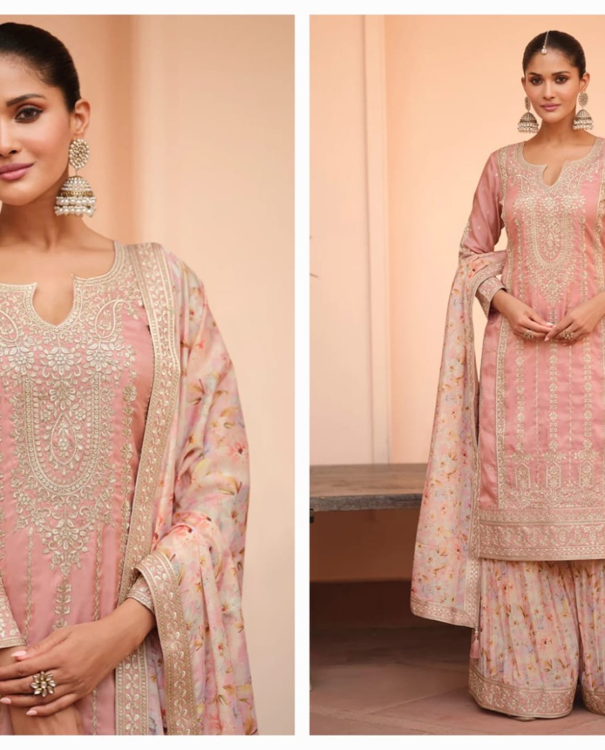 PINK - Festive Shimmer Silk Pink Embroidered Palazzo Suit