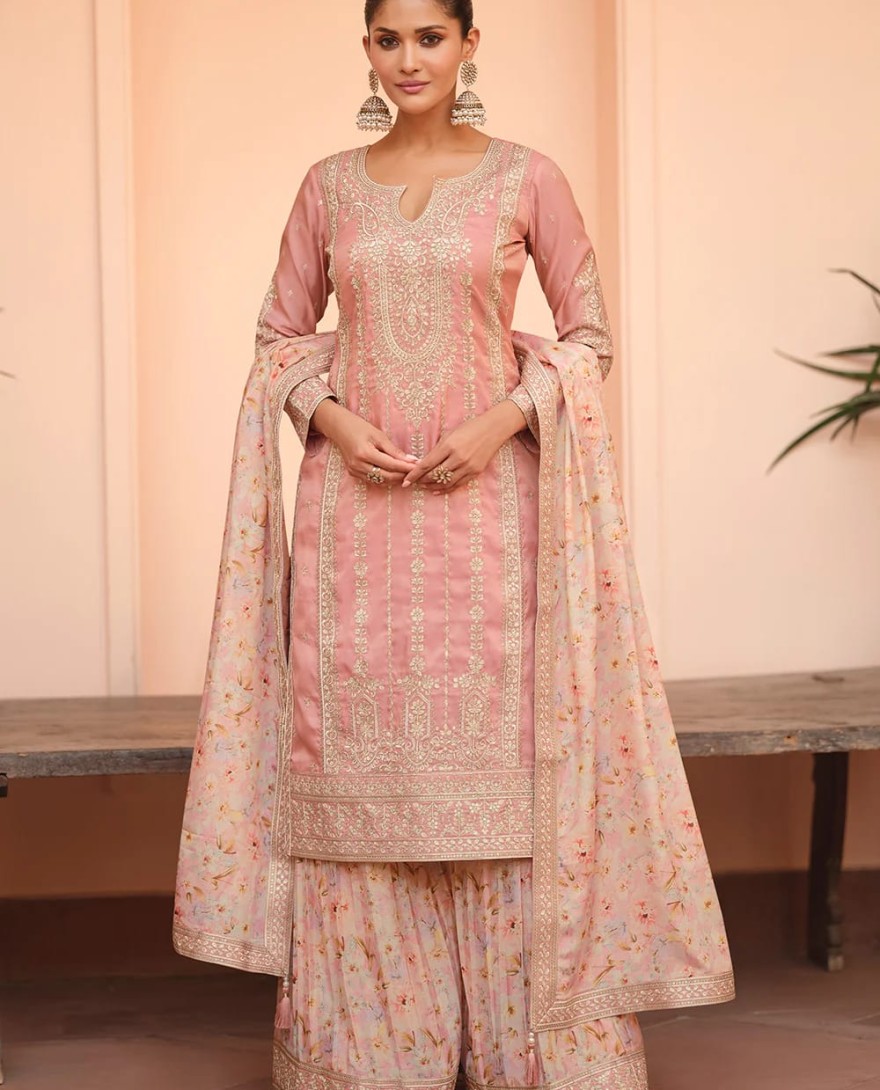PINK - Festive Shimmer Silk Pink Embroidered Palazzo Suit