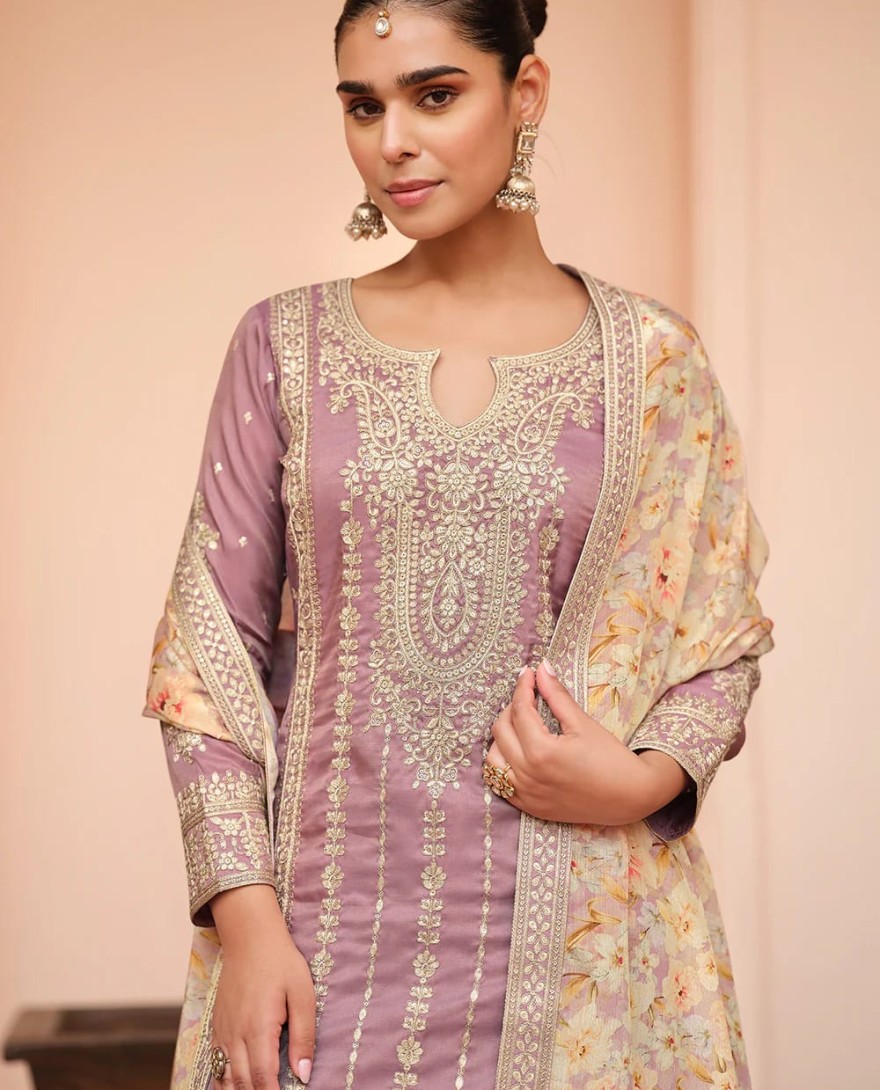 PURPLE - Festive Shimmer Silk Mauve Embroidered Palazzo Suit