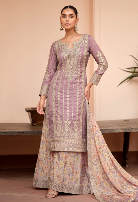 Festive Shimmer Silk Mauve Embroidered Palazzo Suit