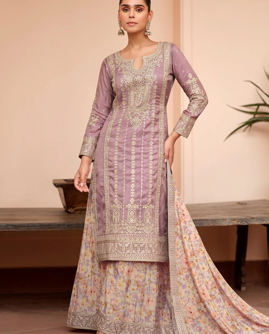 PURPLE - Festive Shimmer Silk Mauve Embroidered Palazzo Suit