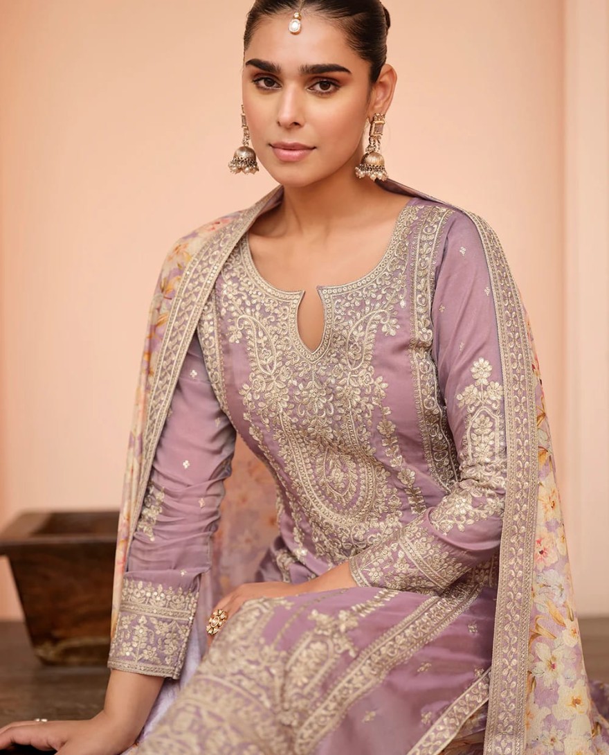 PURPLE - Festive Shimmer Silk Mauve Embroidered Palazzo Suit