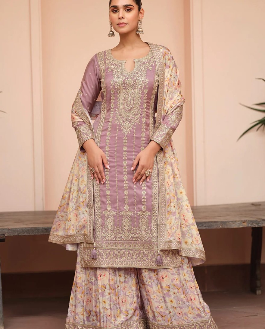 PURPLE - Festive Shimmer Silk Mauve Embroidered Palazzo Suit