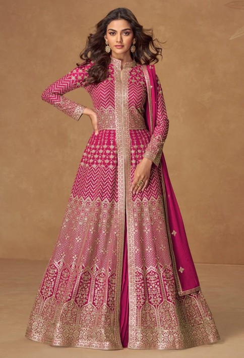 Rani Pink Embroidered Georgette Anarkali Suit for Indian & Pakistani Weddings