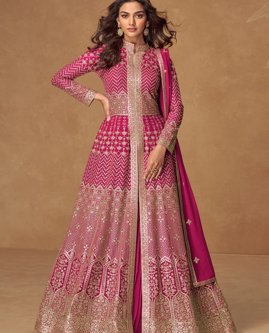 10337 - Rani Pink Embroidered Georgette Anarkali Suit for Indian & Pakistani Weddings