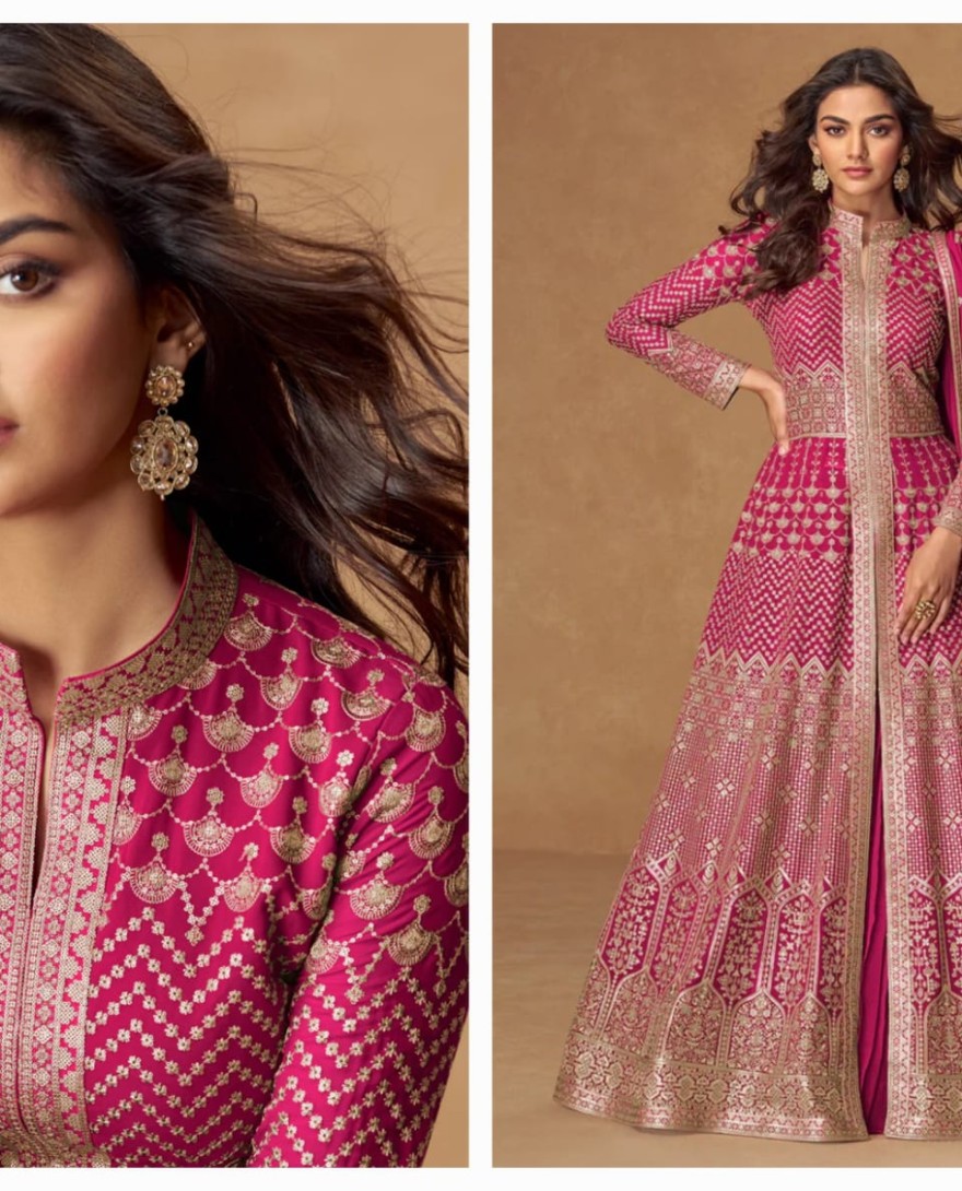 10337 - Rani Pink Embroidered Georgette Anarkali Suit for Indian & Pakistani Weddings