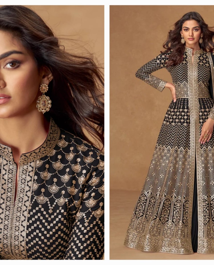 10338 - Black Heavy Embroidered Georgette Anarkali Suit for Pakistani & Punjabi Festive Wear