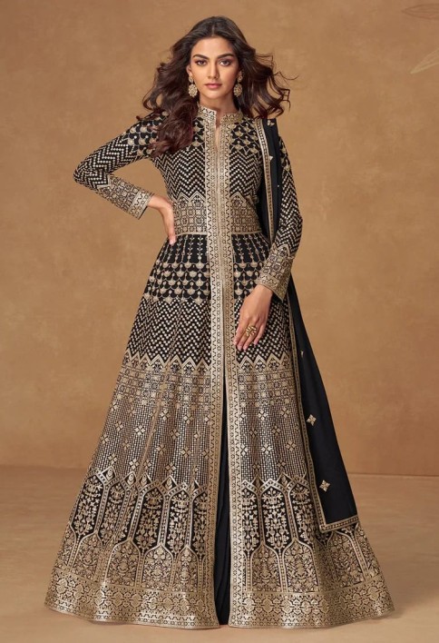 Black Heavy Embroidered Georgette Anarkali Suit for Pakistani & Punjabi Festive Wear