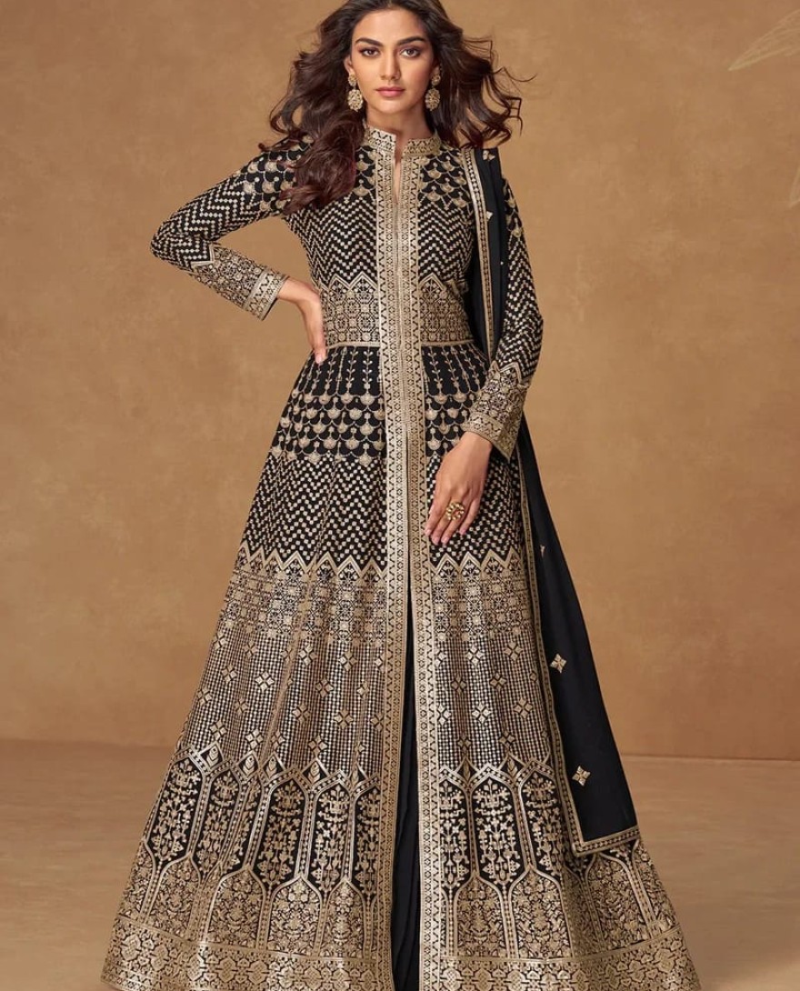 10338 - Black Heavy Embroidered Georgette Anarkali Suit for Pakistani & Punjabi Festive Wear