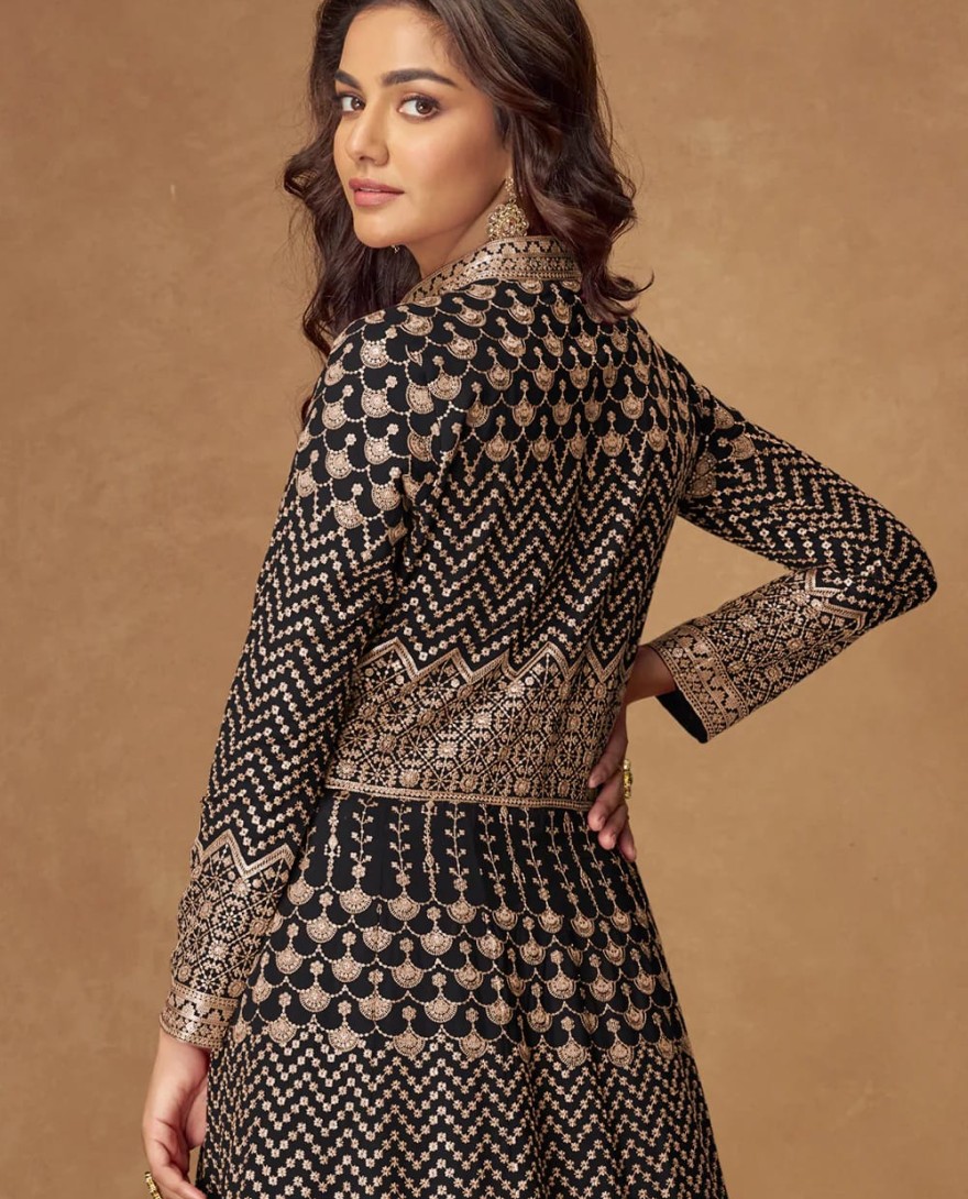 10338 - Black Heavy Embroidered Georgette Anarkali Suit for Pakistani & Punjabi Festive Wear