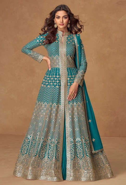 Turquoise Blue Embroidered Georgette Anarkali Suit for Indian & Pakistani Weddings