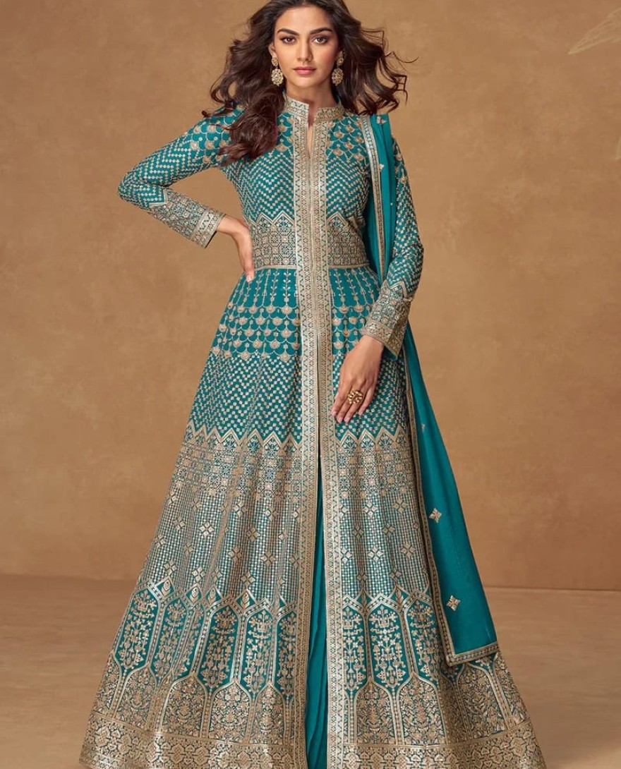 10339 - Turquoise Blue Embroidered Georgette Anarkali Suit for Indian & Pakistani Weddings