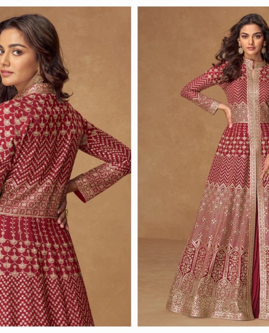 10340 - Red Embroidered Georgette Anarkali Suit for Indian & Pakistani Festive Wear