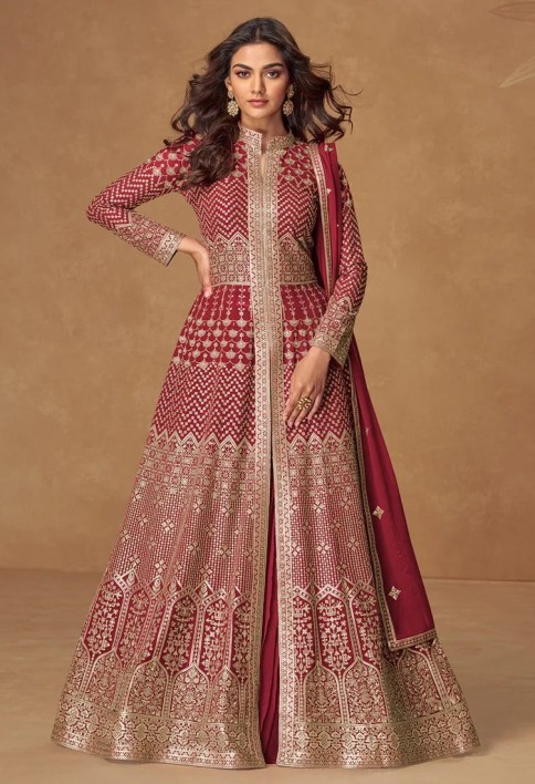 Red Embroidered Georgette Anarkali Suit for Indian & Pakistani Festive Wear