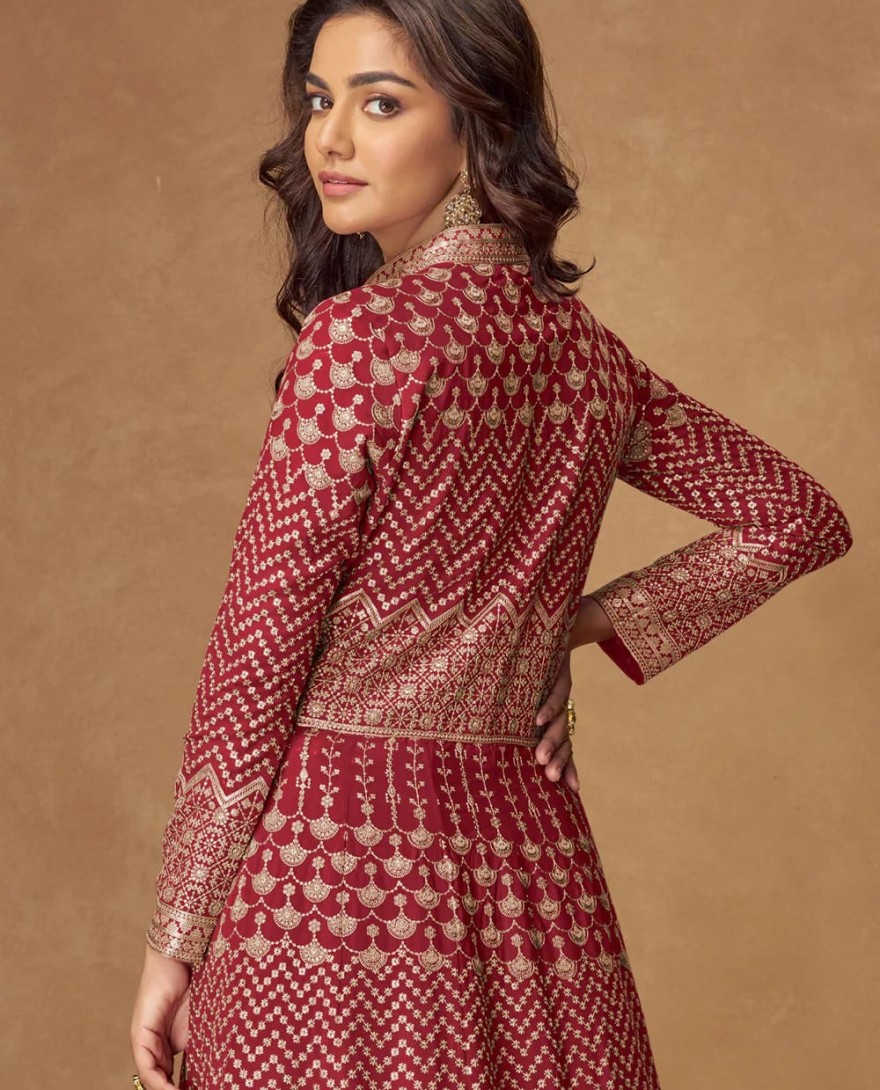 10340 - Red Embroidered Georgette Anarkali Suit for Indian & Pakistani Festive Wear