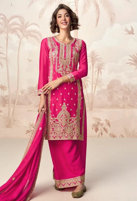 Hot Pink Chinnon Silk Palazzo Suit with Heavy Embroidery for Indian Weddings & Pakistani Festivals