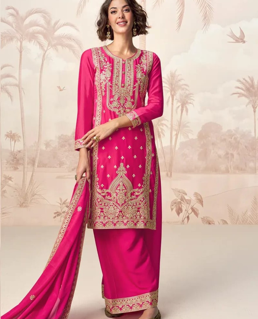 10225 - Hot Pink Chinnon Silk Palazzo Suit with Heavy Embroidery for Indian Weddings & Pakistani Festivals