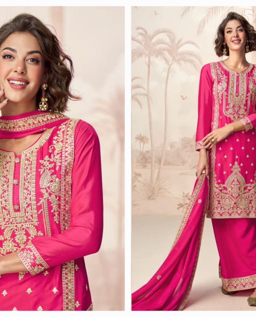 10225 - Hot Pink Chinnon Silk Palazzo Suit with Heavy Embroidery for Indian Weddings & Pakistani Festivals