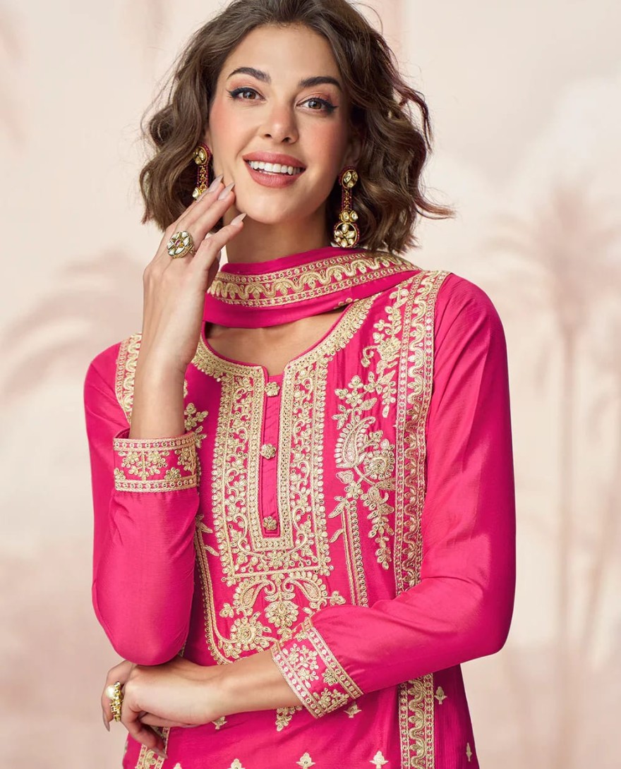 10225 - Hot Pink Chinnon Silk Palazzo Suit with Heavy Embroidery for Indian Weddings & Pakistani Festivals