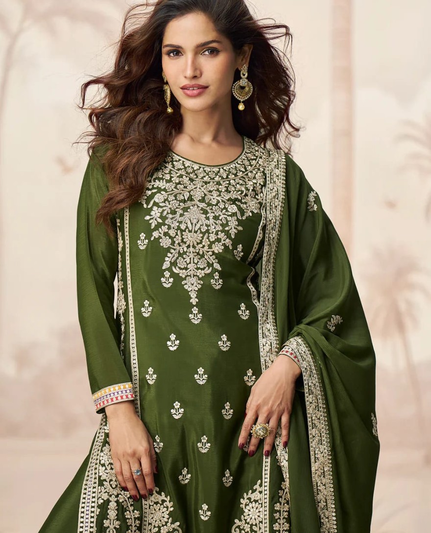 10226 - Olive Green Chinnon Silk Palazzo Suit with Zari Embroidery for Punjabi Festive & Wedding Wear