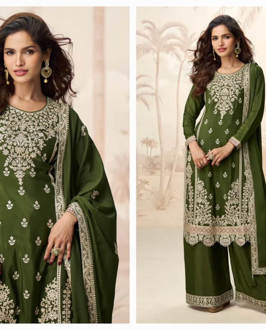 10226 - Olive Green Chinnon Silk Palazzo Suit with Zari Embroidery for Punjabi Festive & Wedding Wear