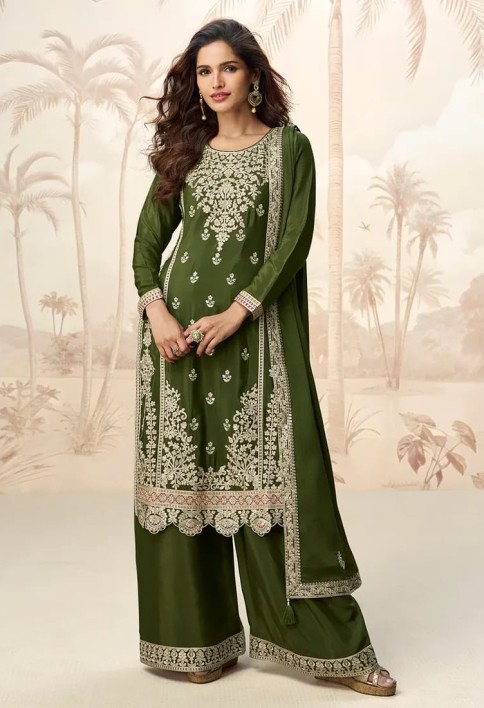 Olive Green Chinnon Silk Palazzo Suit with Zari Embroidery for Punjabi Festive & Wedding Wear