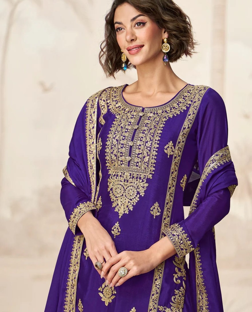10227 - Royal Purple Chinnon Silk Palazzo Suit with Golden Embroidery for Cultural Events