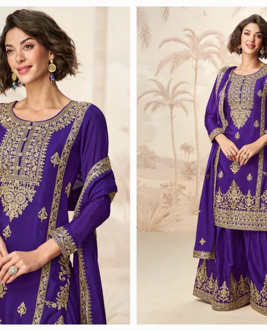 10227 - Royal Purple Chinnon Silk Palazzo Suit with Golden Embroidery for Cultural Events