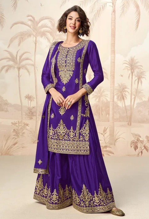 Royal Purple Chinnon Silk Palazzo Suit with Golden Embroidery for Cultural Events