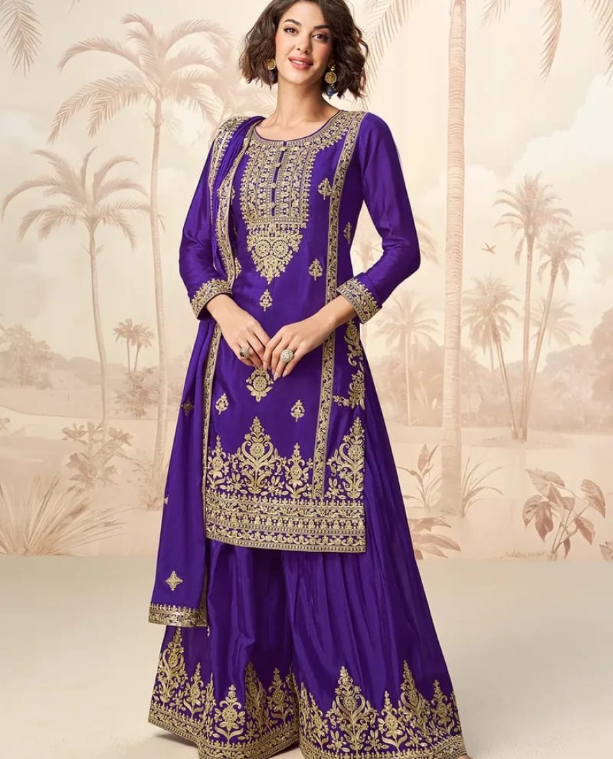 10227 - Royal Purple Chinnon Silk Palazzo Suit with Golden Embroidery for Cultural Events