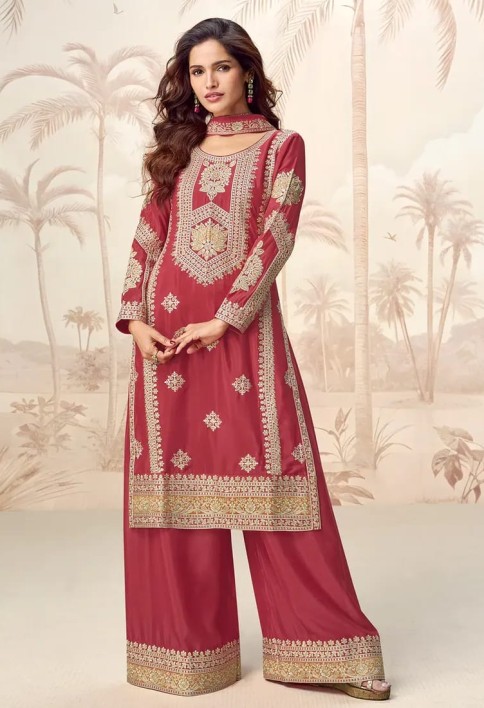 Deep Red Chinnon Silk Palazzo Suit with Traditional Zari Embroidery for Indian Weddings & Pakistani Festivals