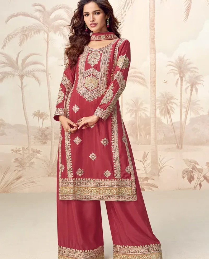 10228 - Deep Red Chinnon Silk Palazzo Suit with Traditional Zari Embroidery for Indian Weddings & Pakistani Festivals