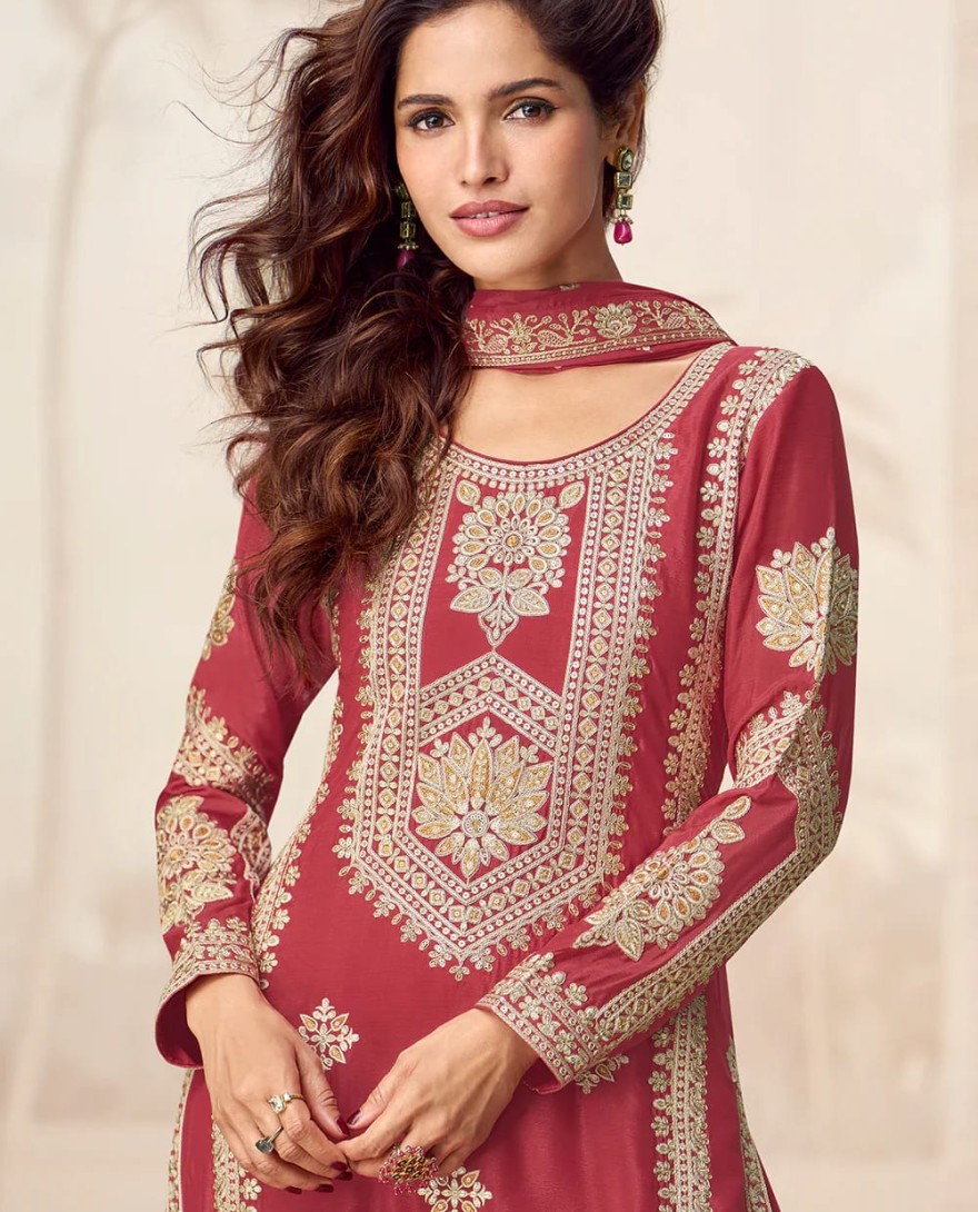 10228 - Deep Red Chinnon Silk Palazzo Suit with Traditional Zari Embroidery for Indian Weddings & Pakistani Festivals