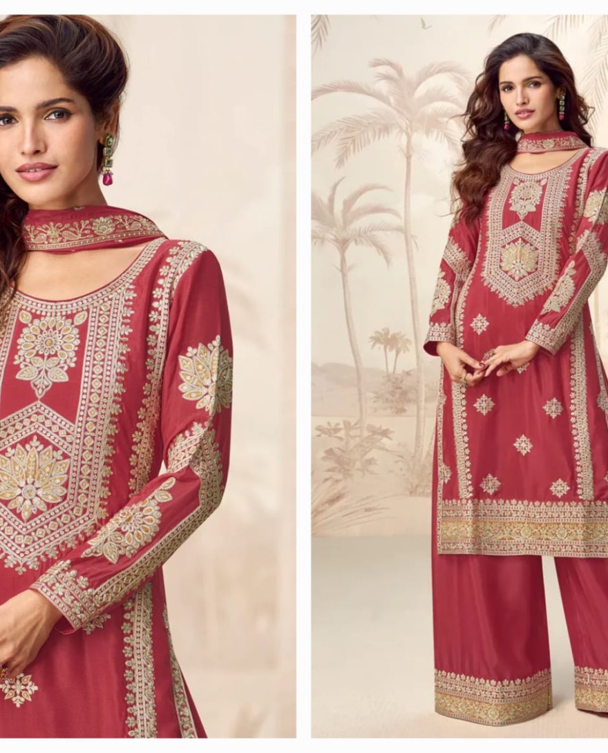 10228 - Deep Red Chinnon Silk Palazzo Suit with Traditional Zari Embroidery for Indian Weddings & Pakistani Festivals