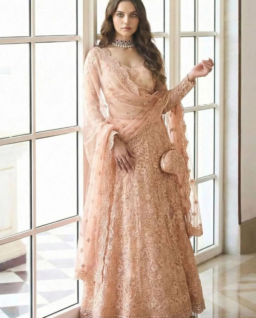 PEACH - Peach Net Embroidered Work Lehenga Choli