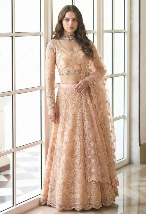 Peach Net Embroidered Work Lehenga Choli