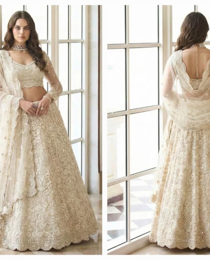 CREAM - Cream Net Embroidered Work Lehenga Choli for Ceremonial