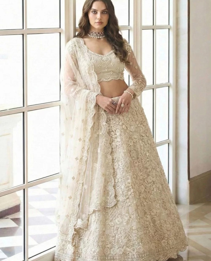 CREAM - Cream Net Embroidered Work Lehenga Choli for Ceremonial