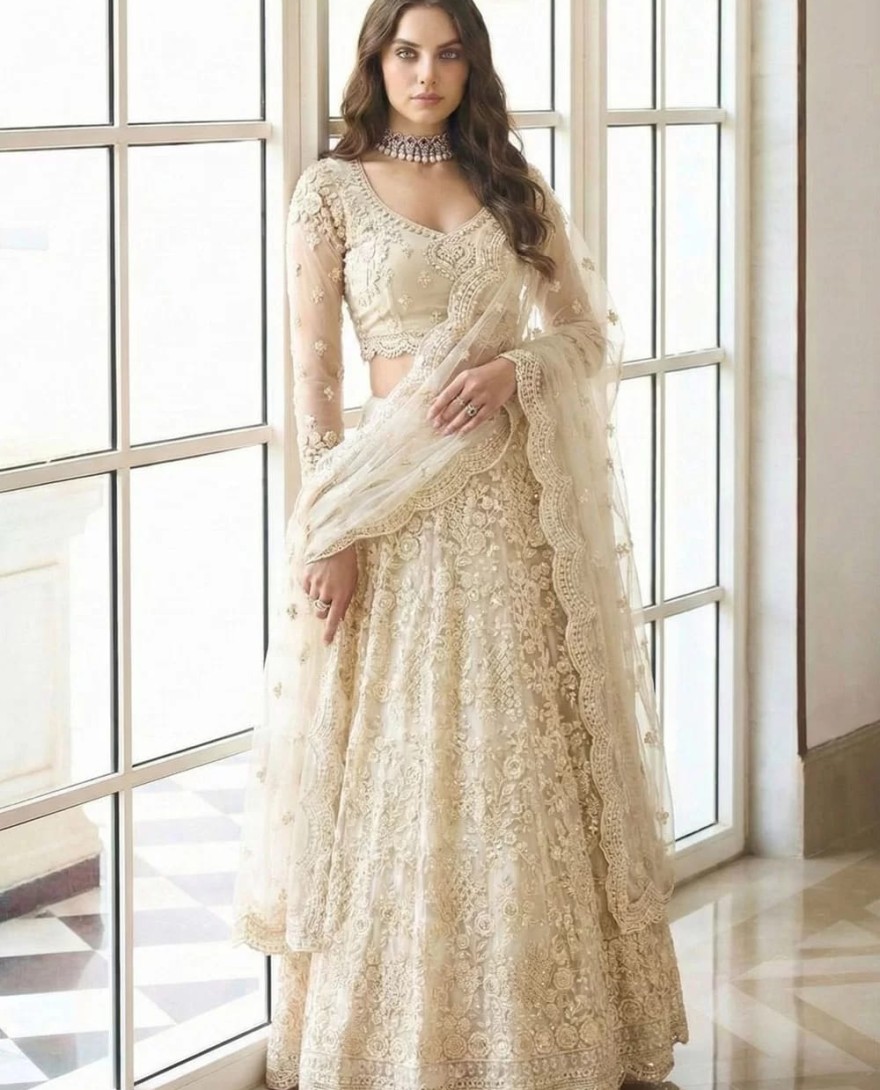 CREAM - Cream Net Embroidered Work Lehenga Choli for Ceremonial