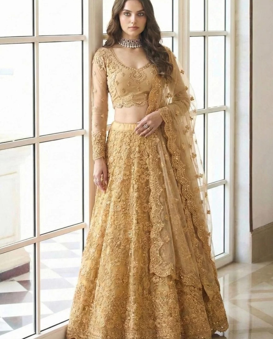 GOLDEN - Affectionate Gold Net Lehenga Choli