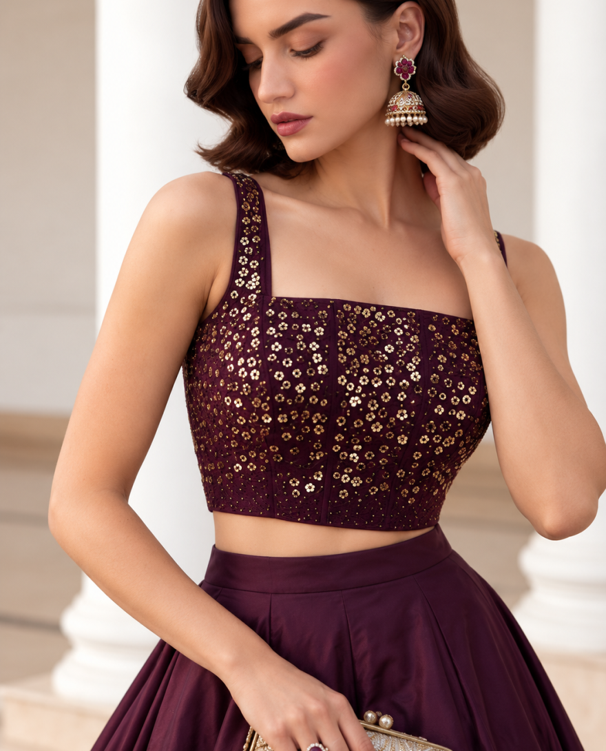 9005 - Burgundy Silk Plain Work Readymade Lehenga Choli for Ceremonial