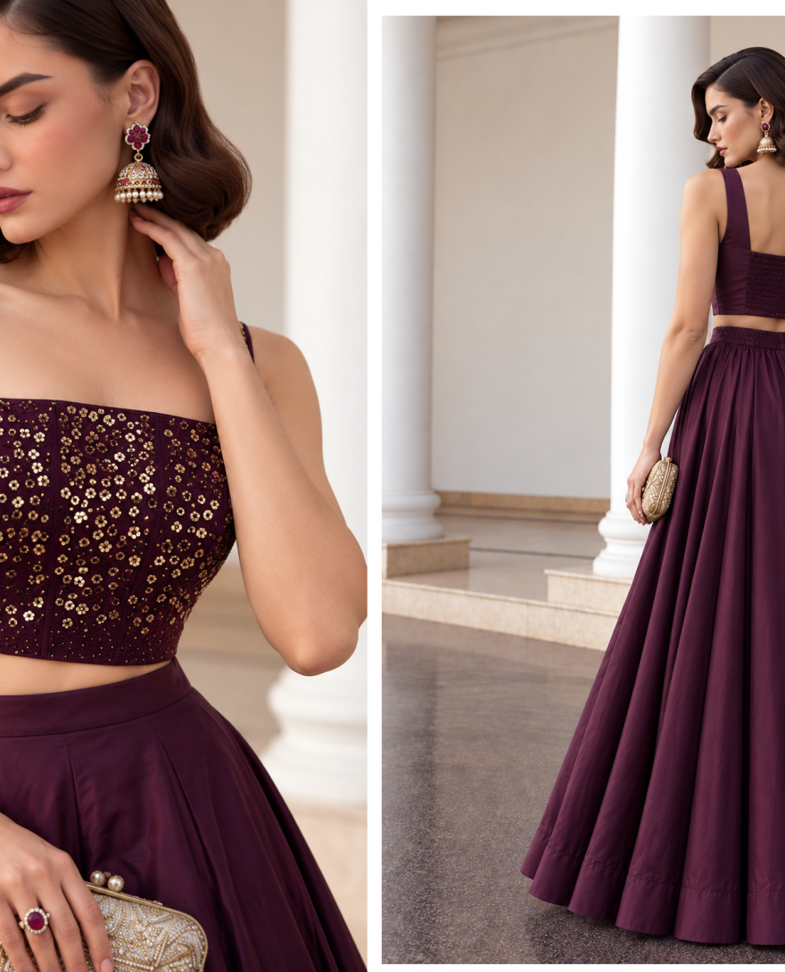 9005 - Burgundy Silk Plain Work Readymade Lehenga Choli for Ceremonial
