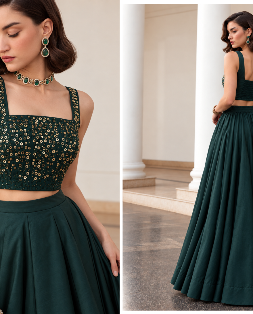 9005 Green - Green Silk Plain Work Ceremonial Lehenga Choli