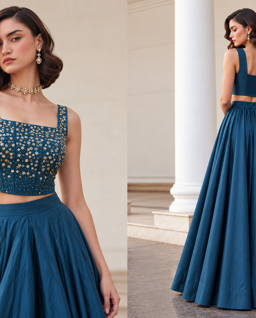 9005 Teal - Teal Silk Lehenga Choli In Plain Fabric